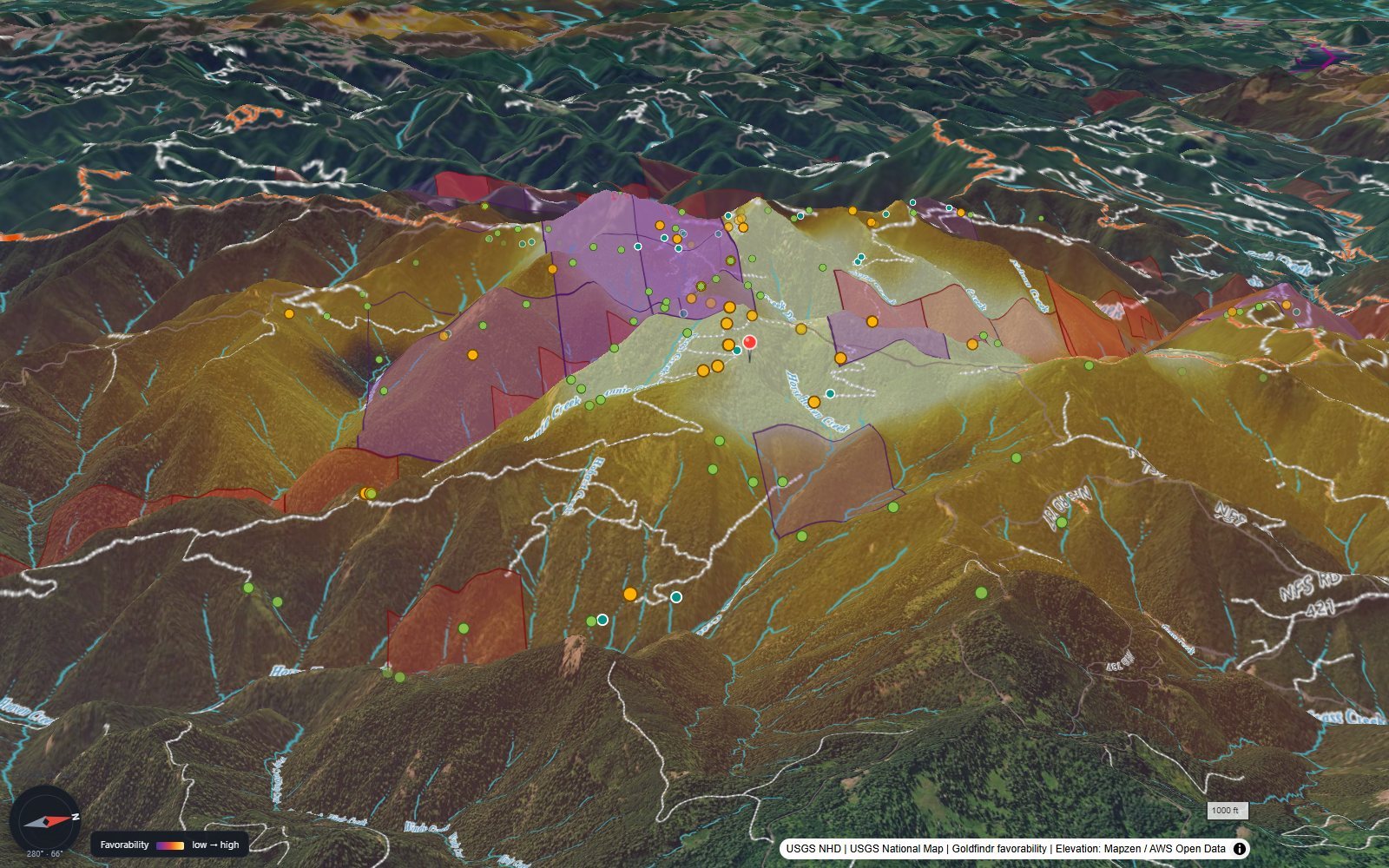 Goldfindr 3D over the Bohemia district — satellite base, favorability heat, gold dots, old workings, claims and a member's pin