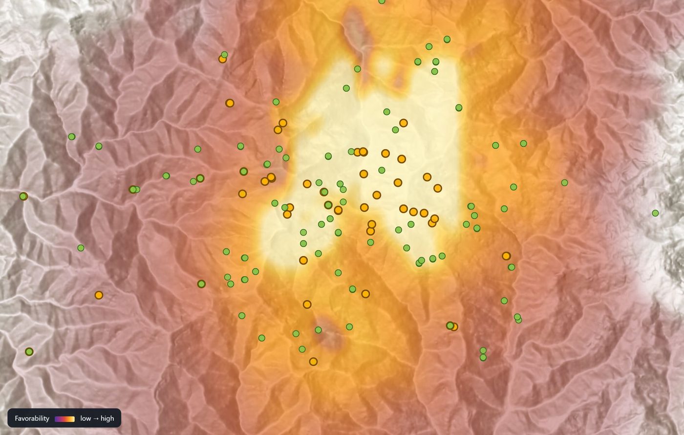 Bare-earth LiDAR with favorability heat and gold occurrences