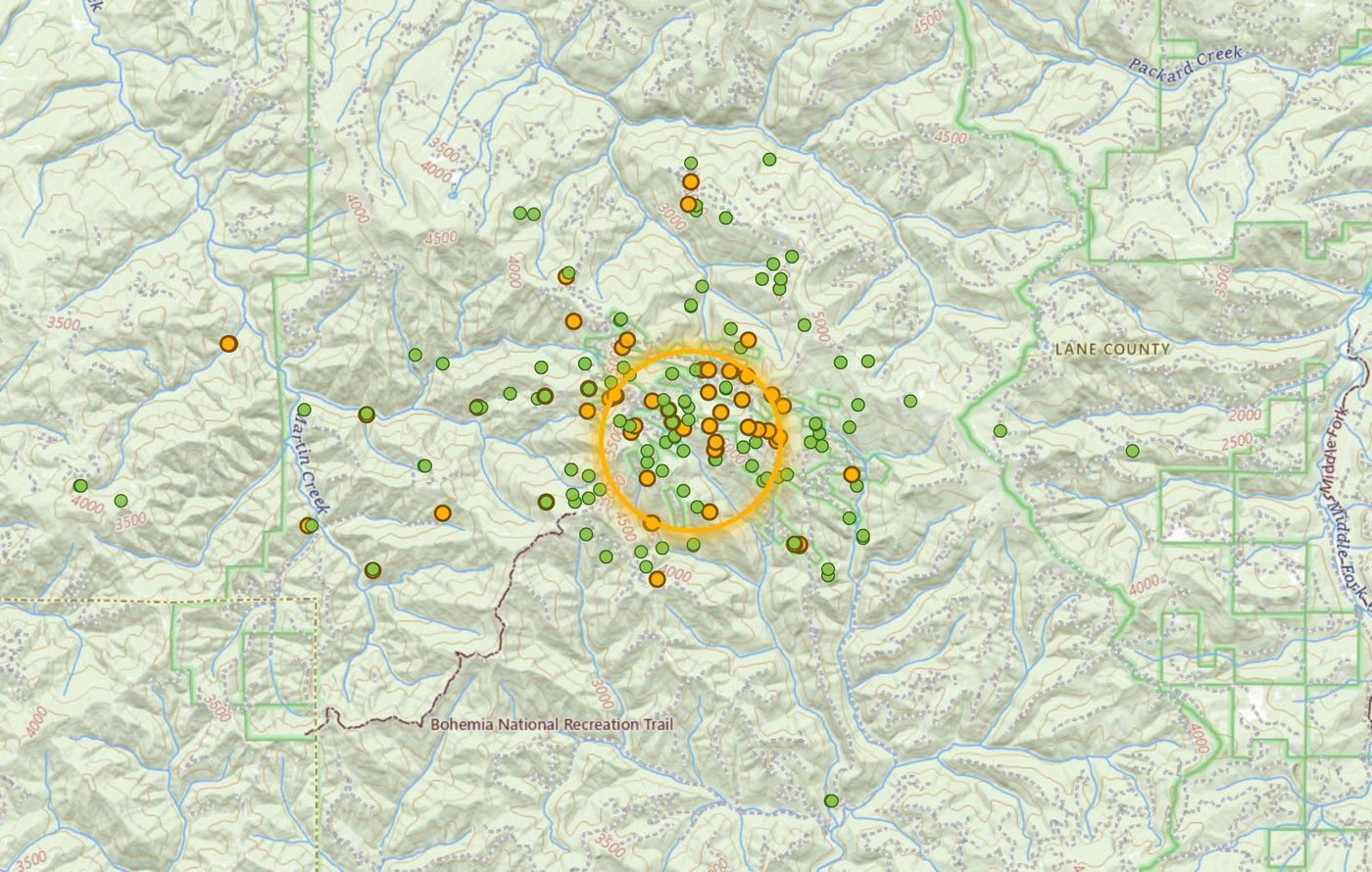 Recorded gold occurrences on the topo map