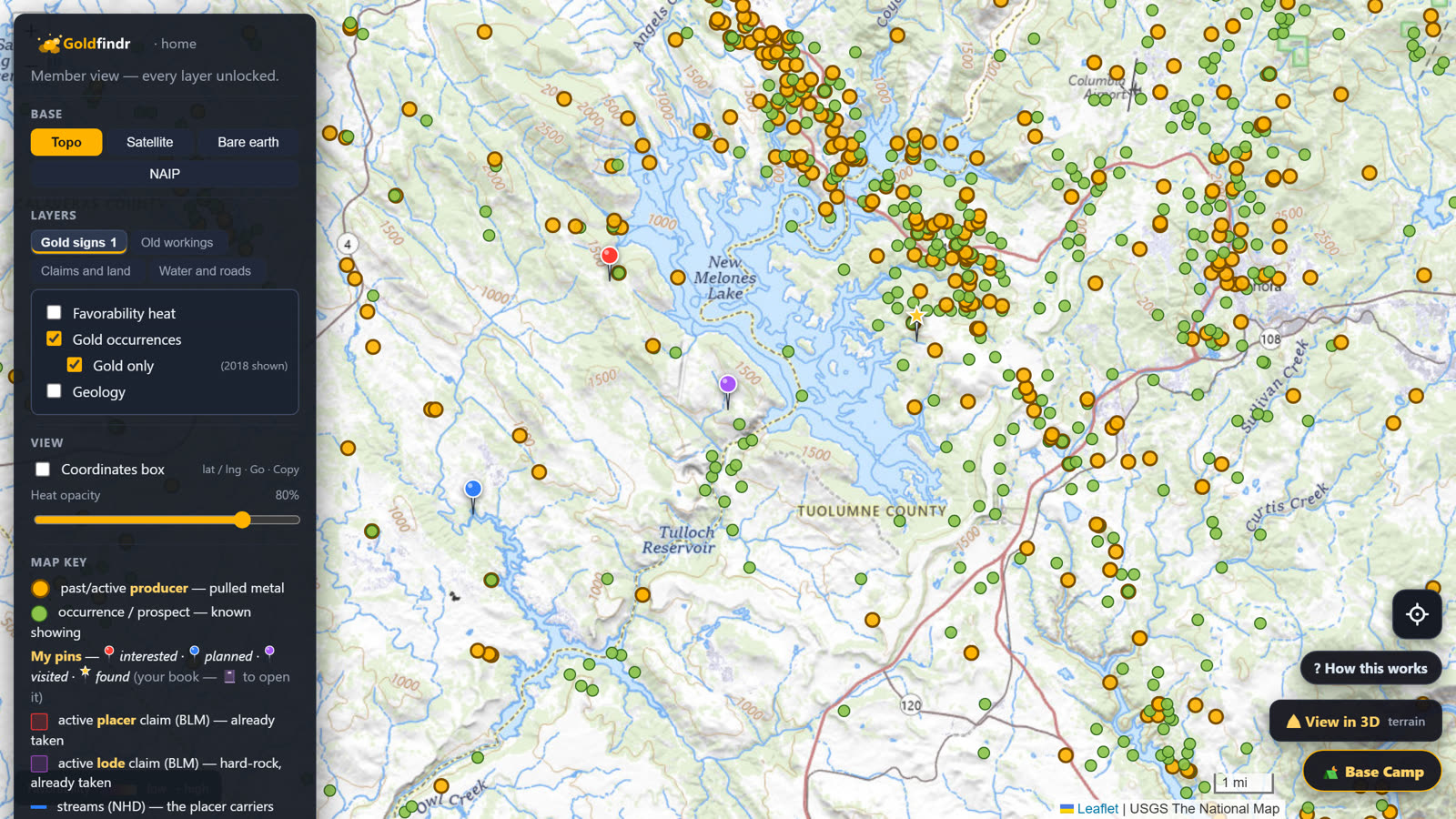 USGS topo with recorded gold occurrences across a Mother Lode district