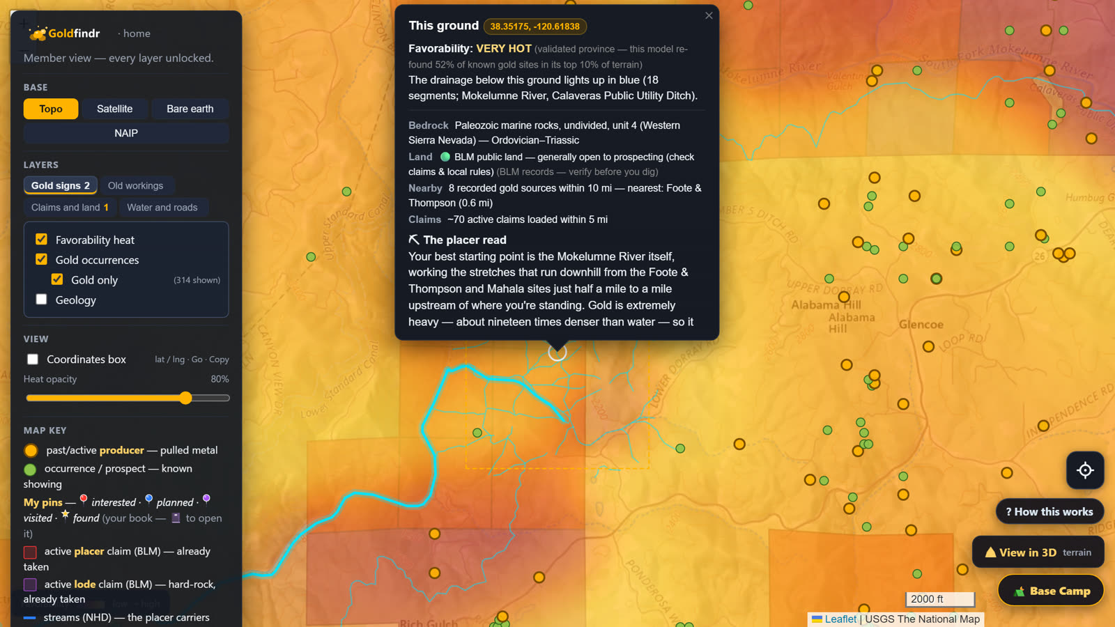 The ground pop-up: favorability verdict, land status, bedrock, nearby finds and the expert placer read