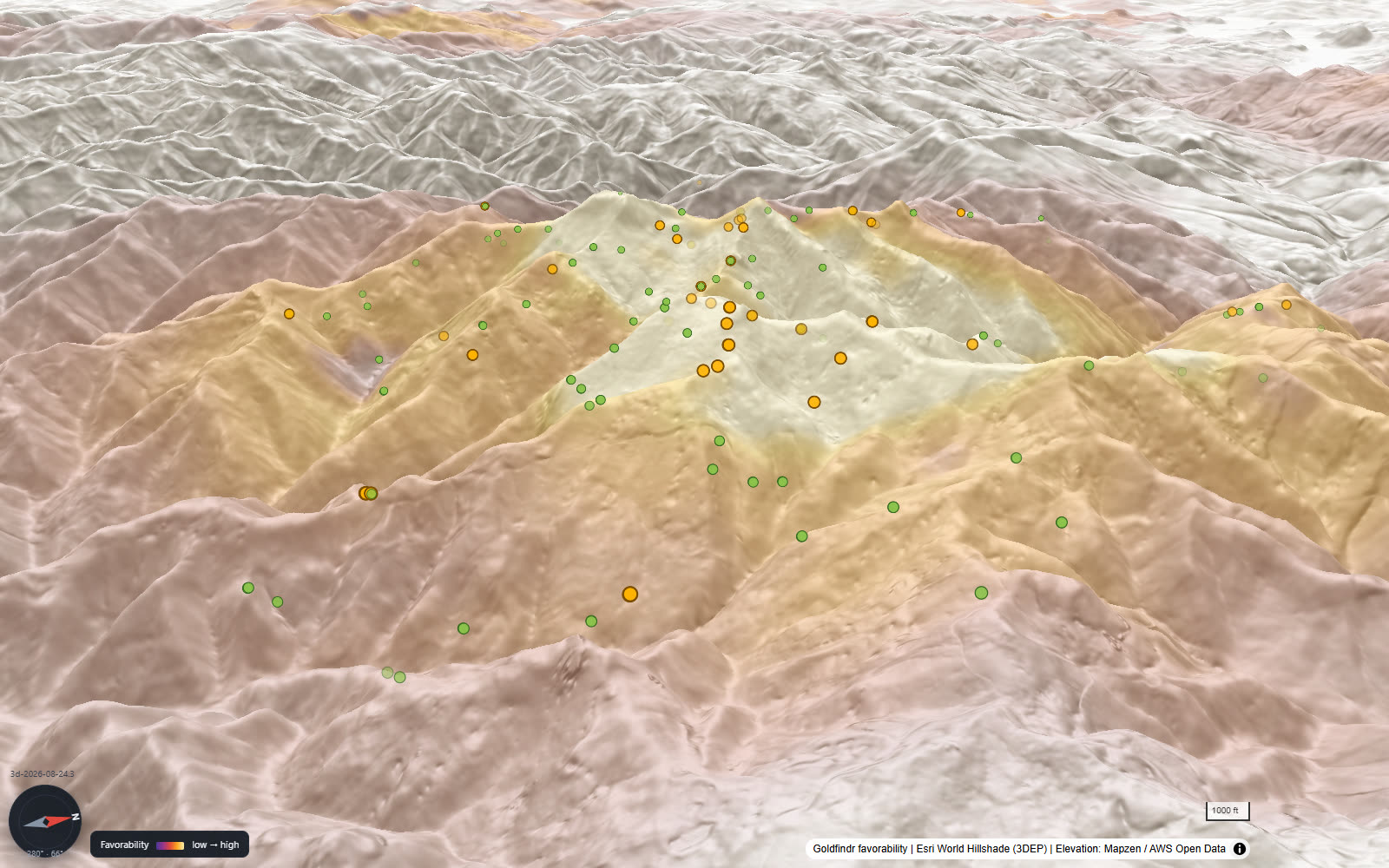 3D bare-earth terrain of the district — the hot bowl glowing on the mountain with gold dots riding the ridges