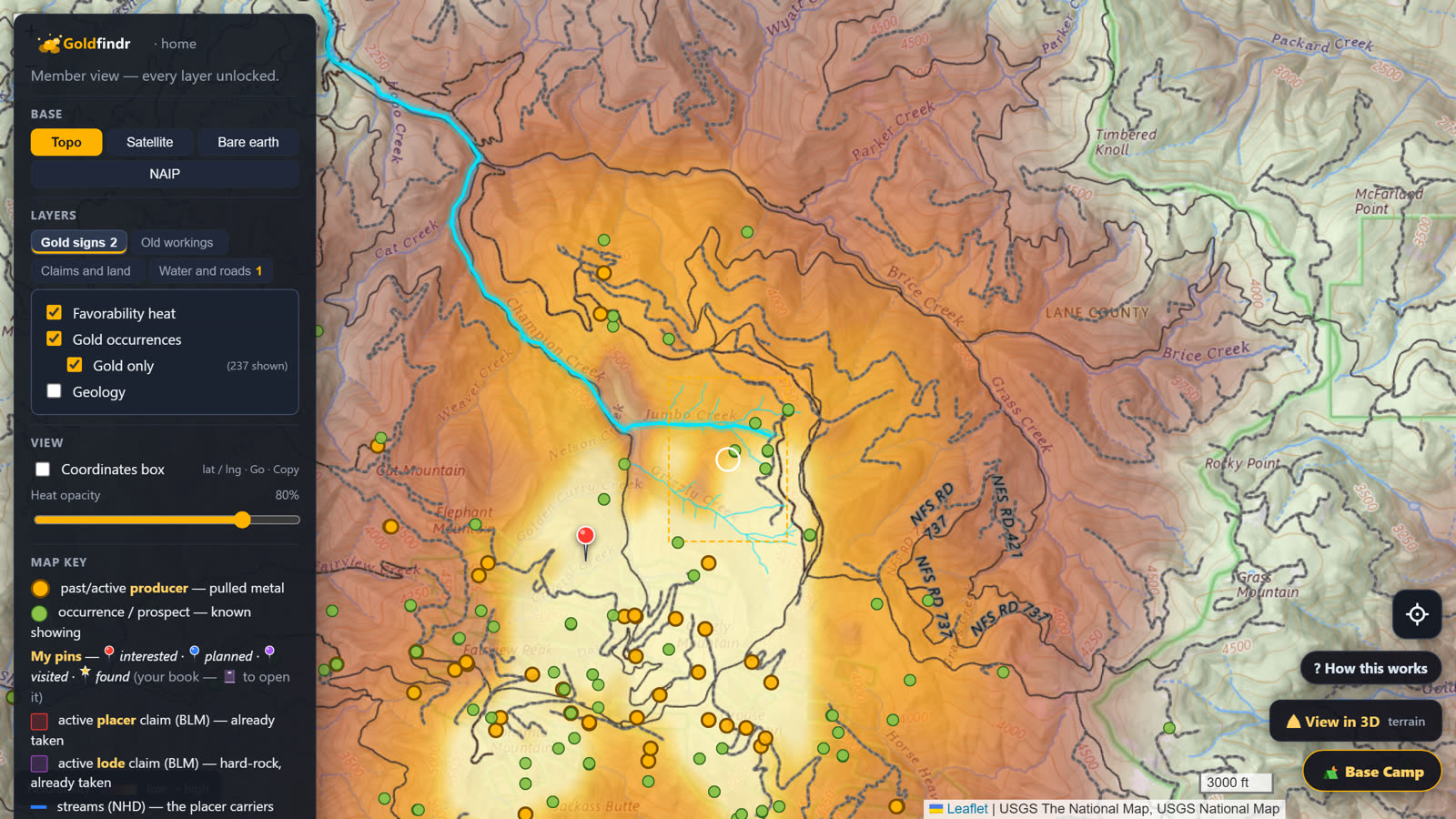 Forest Service roads over the hot ground — NFS RD numbers readable