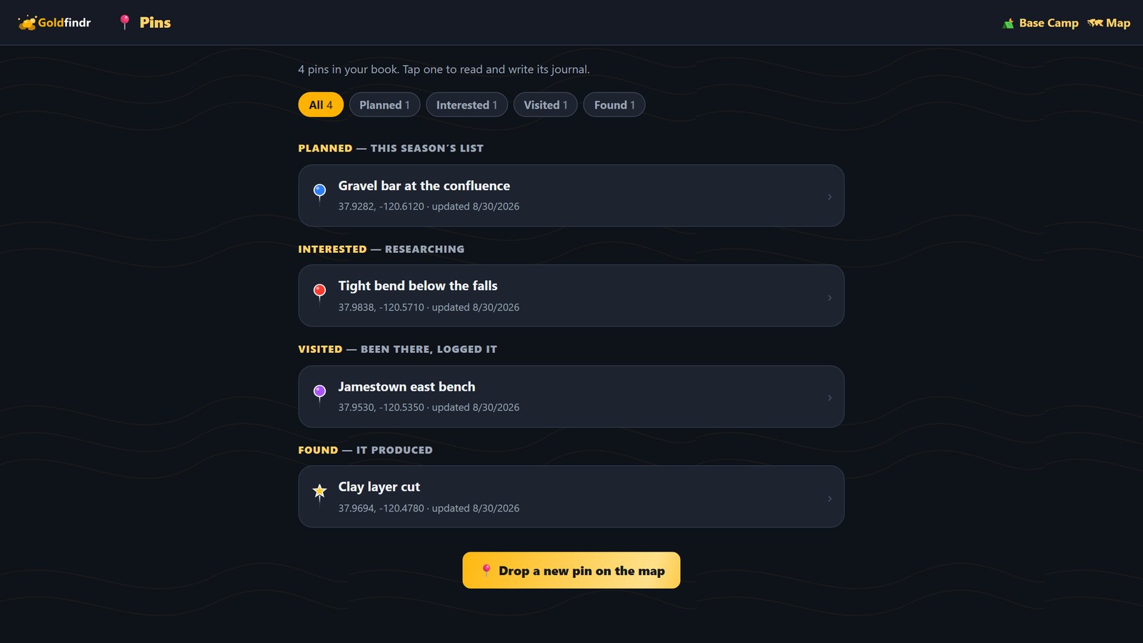 The Pins book — four pins grouped by status with filter chips