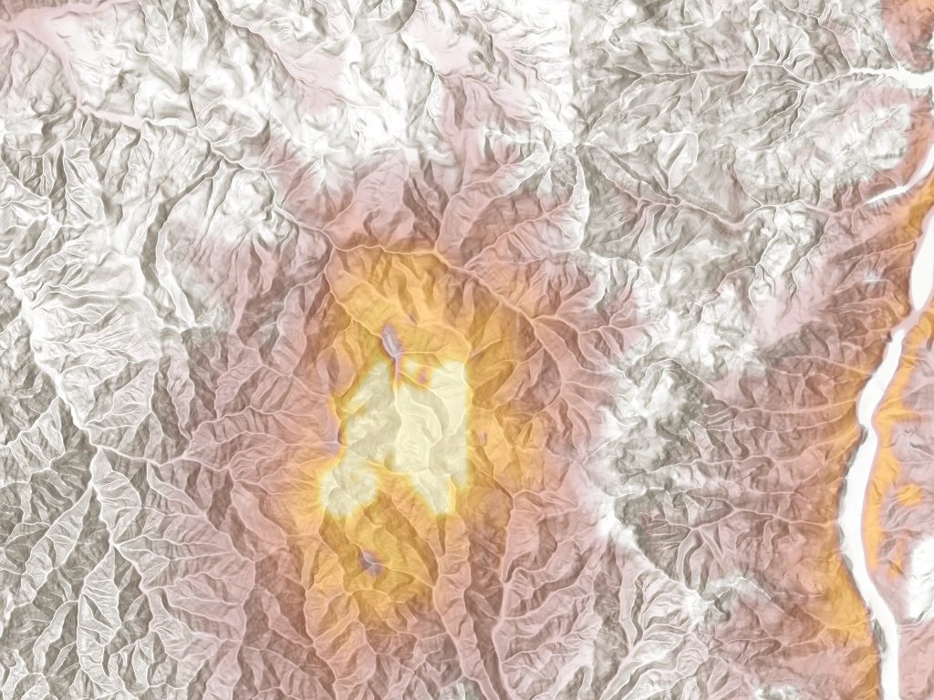Favorability heat over shaded relief in the Oregon Cascades